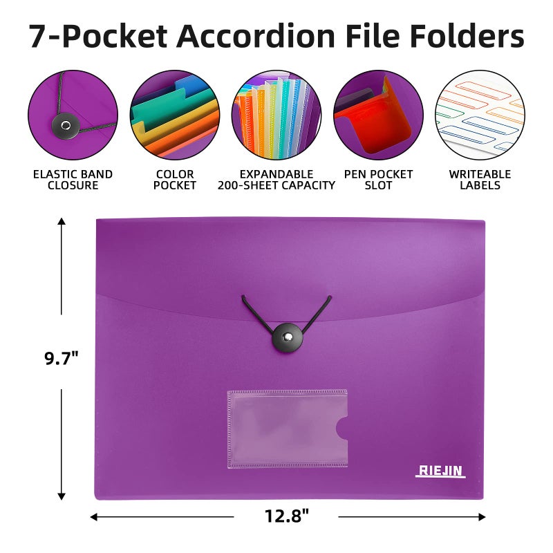 RIEJIN Accordian File Organizer 7 Pocket Expanding File Folder with Labels, Plastic Expandable File Folder for Documents Letter Size A4 Papers - Purple - Image 3